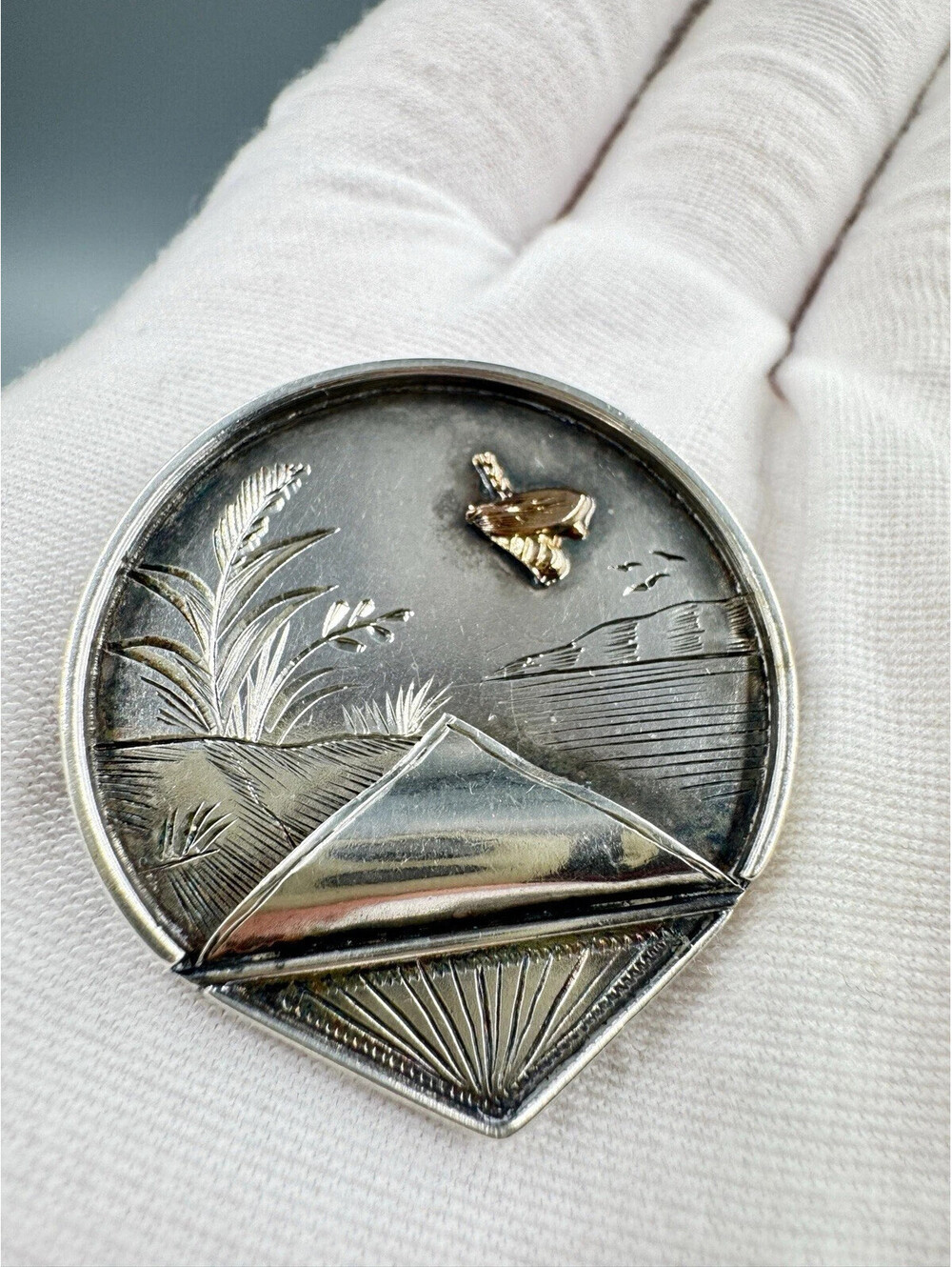 Victorian Vintage Antique Engraved Sterling Silver With Gold 14k Accent Brooch